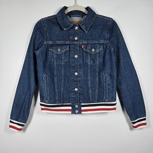 Levis Rib Trim Blue Denim Snap Button Varsity Trucker Jean Jacket Size Small